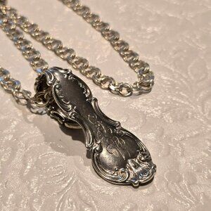Vintage Sterling Silver Spoon Handle Pendant Necklace Double Curb Chain HS106